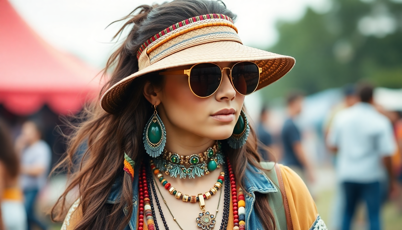 A fashionable person wearing boho festival accessories