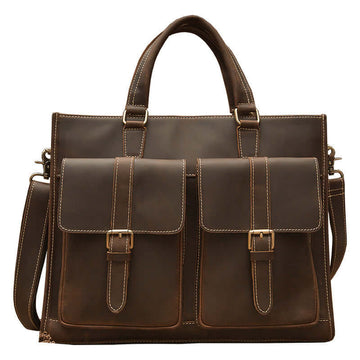 Briefcase brown leather mens fashion work bag with dual front pockets, top handle and shoulder strap for modern men fashion