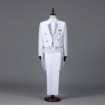 Men's Suits white formal tuxedo on mannequin with embroidered lapels, premium men's wear for stylish men's outfit in modern men fashion