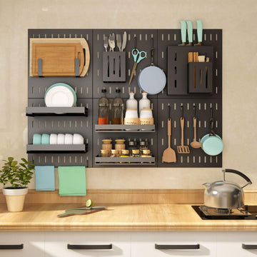 Alt Tag: Kitchen Storage wall organizer panel with cutting boards, utensils, spice jars, and pots for space-saving, clutter-free kitchen setup