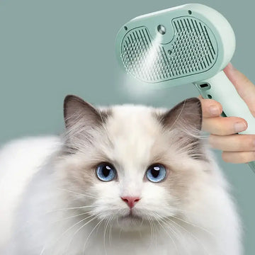 Alt Tag: Pet Cleaning steam cat grooming brush removing loose fur, gentle deep clean tool for at-home pet hygiene