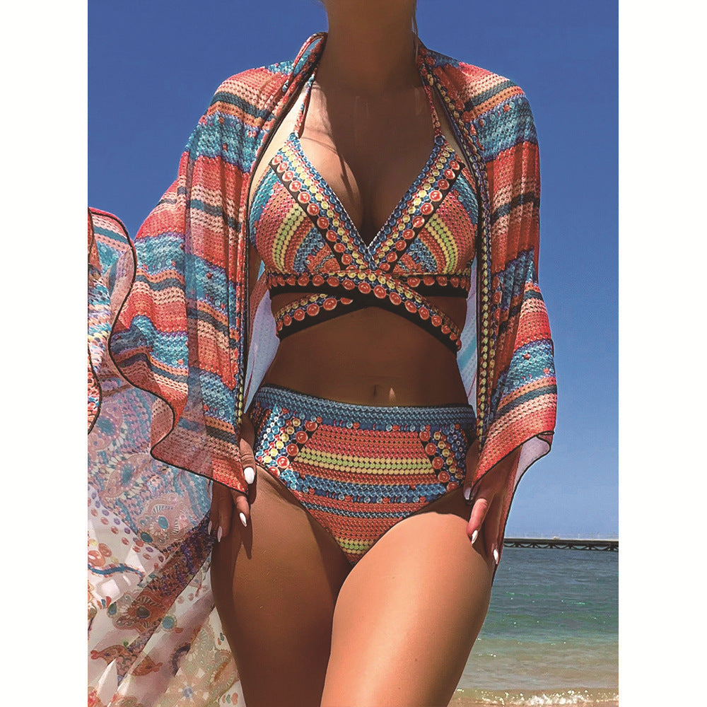 Women's Split Cross Strap Retro Ethnic Style Swimsuit.