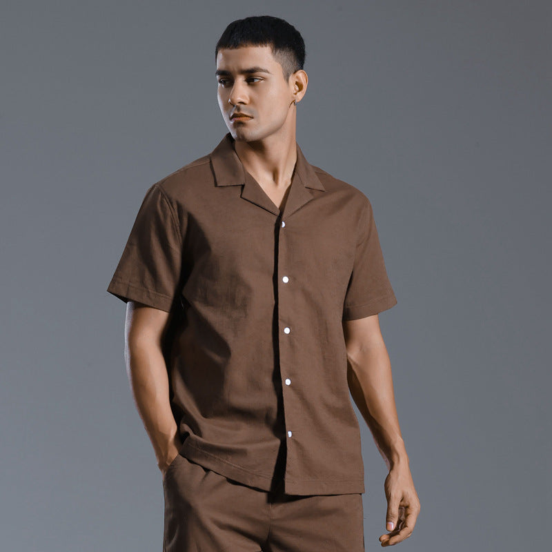 Cuban Collar Linen Cotton Blended Short-sleeved Shirt