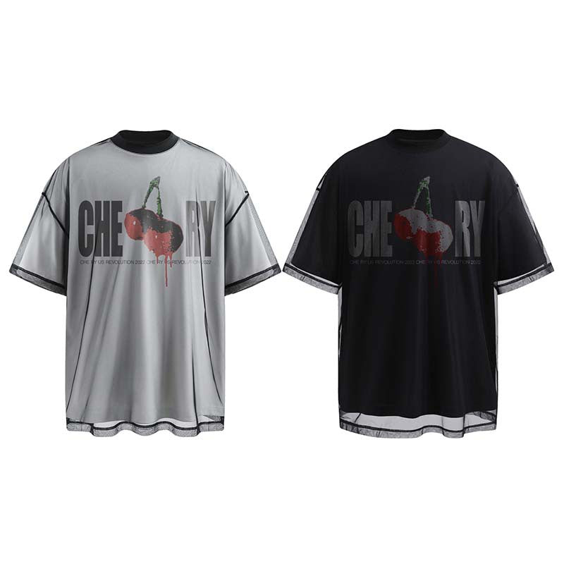 American Fashion Brand Letter Cherry Print Design Double-layer Short-sleeved T-shirt For Men