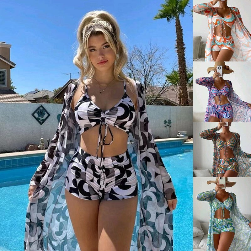 3pcs Pring Bikini With Long Sleeve Cardigan Fashion Summer Beach Swimsuit Women.