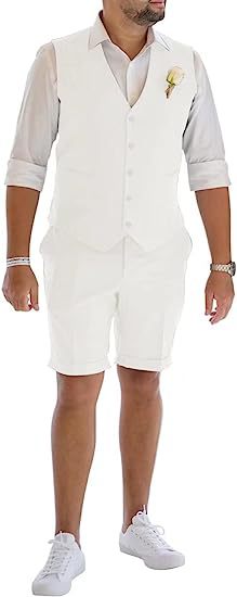 Men's Linen Suit 2 Piece Set Beach Wedding Shorts And Vest Suit