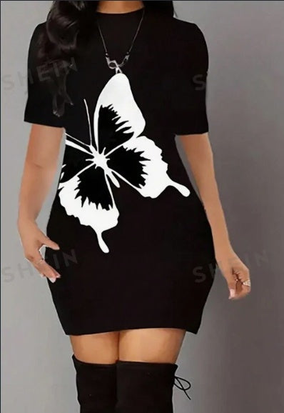 Ladies' Butterfly Print Short Sleeve Slim Fit Bodycon Dress null