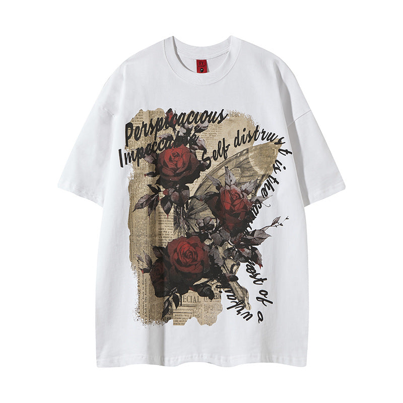 Rose Flower Printed Short-sleeved T-shirt