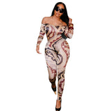 Sexy Print Off-shoulder Cinched Bodycon One-piece Trousers