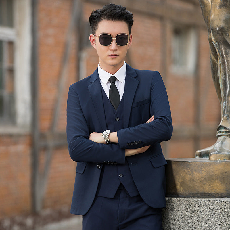 Korean-style Casual Blazer Suit Jacket Three-piece Set navy slim-fit men’s suit with shirt and trousers, stylish men’s clothing for modern men fashion