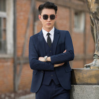 Korean-style Casual Blazer Suit Jacket Three-piece Set navy slim-fit men’s suit with shirt and trousers, stylish men’s clothing for modern men fashion