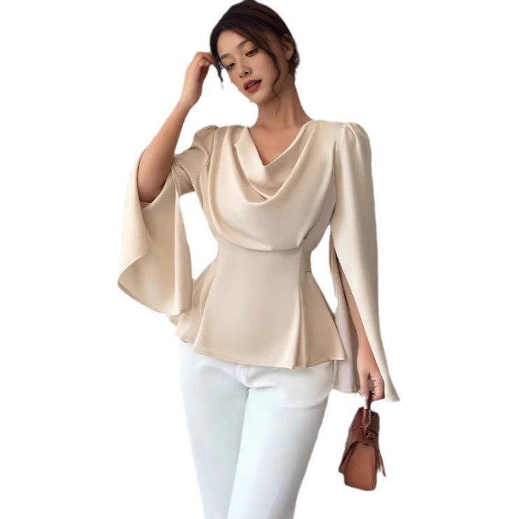 Women's Satin Flare Sleeve Waist Trimming Shirt null