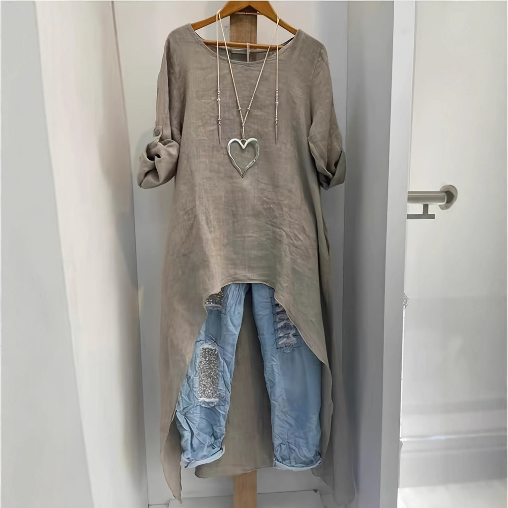 Womens Irregular Long Linen Top With A Crew Neck