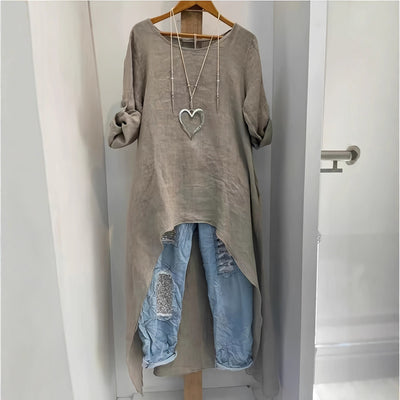 Womens Irregular Long Linen Top With A Crew Neck