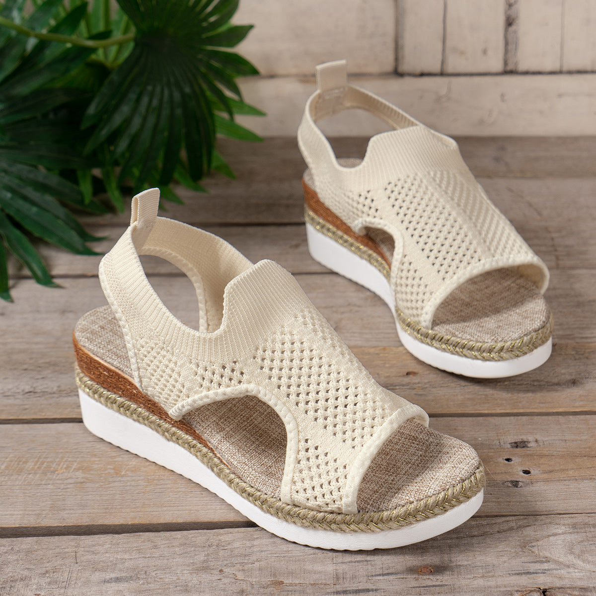 New Hollow Wedges Sandals Summer Fly Woven Breathable Mesh Shoes For Women Peep-Toe Sandals null