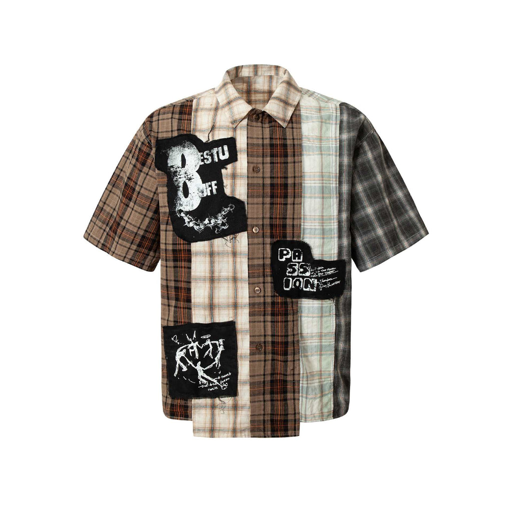 Retro Multicolor Plaid Stitching Graffiti Shirt