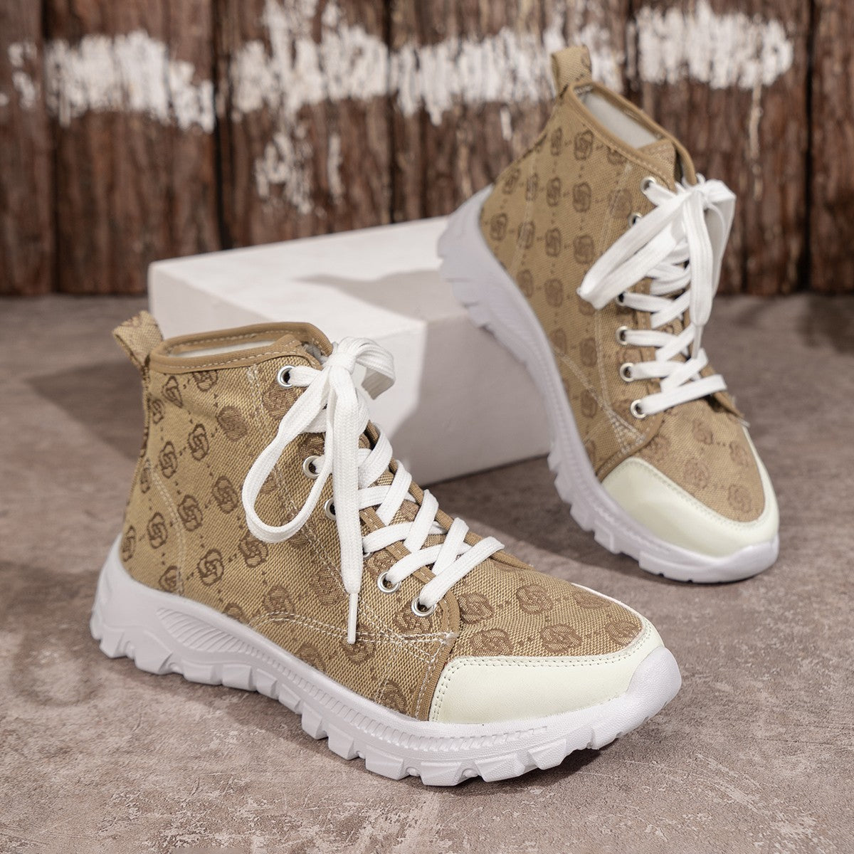 Rose-printed Lace-up Boots Fashion Breathable Canvas Shoes Sports Casual Non-slip Thick-soled Short Boot For Women null