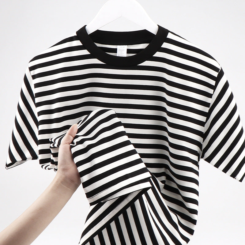 Striped Short Sleeve Simple Men's Versatile T-shirt Loose Top Half Sleeve Slim Striped Navy Skirt