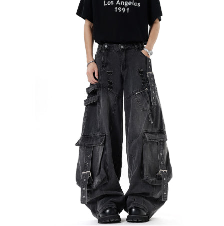 American Heavyweight Deconstructed Ribbon Cargo Jeans For Men And Women