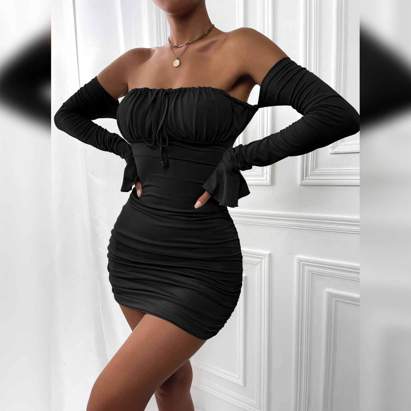 Fashion Slim Off-shoulder Long Sleeve Dress Sexy Tie Pleated Short Dresses Womens Clothing null