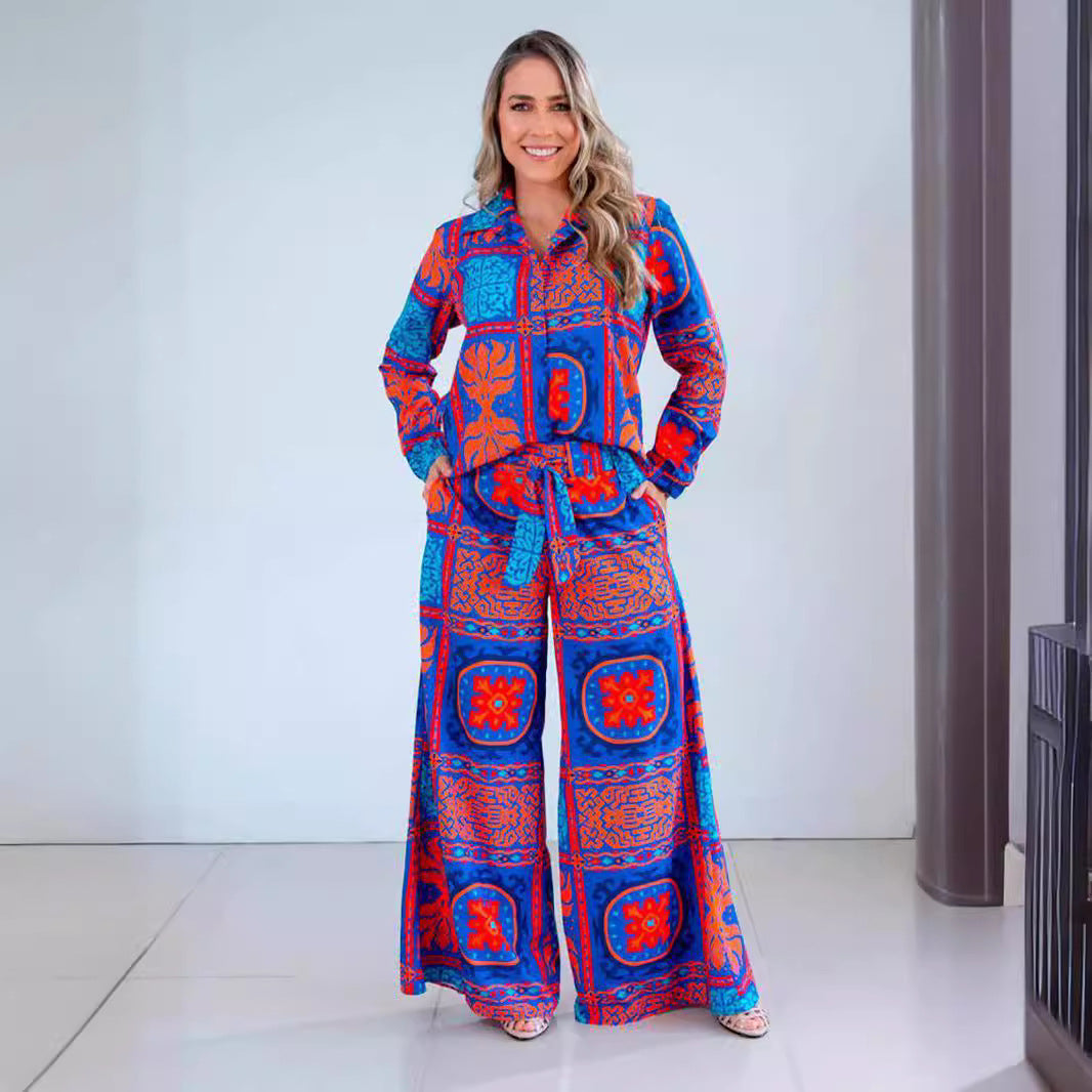 Casual Blue Printed Lace Up Wide Leg Pants Suit null