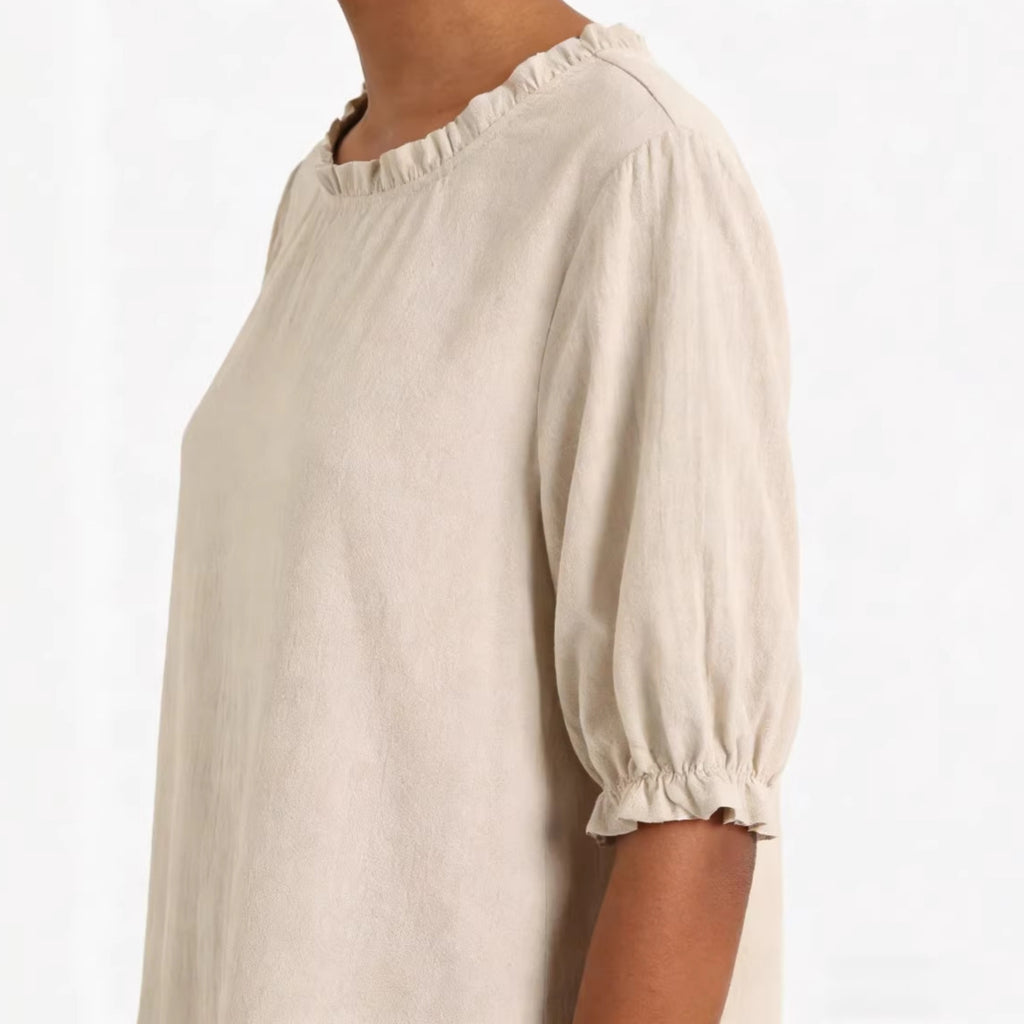 Round-neck Linen Solid-color Ruffled Mid-sleeve Top