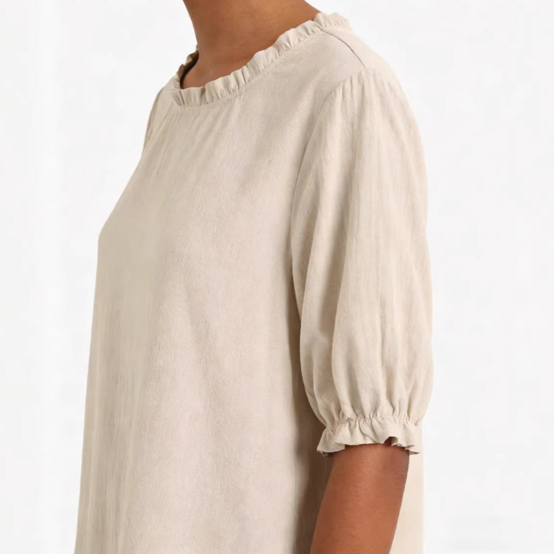 Round-neck Linen Solid-color Ruffled Mid-sleeve Top