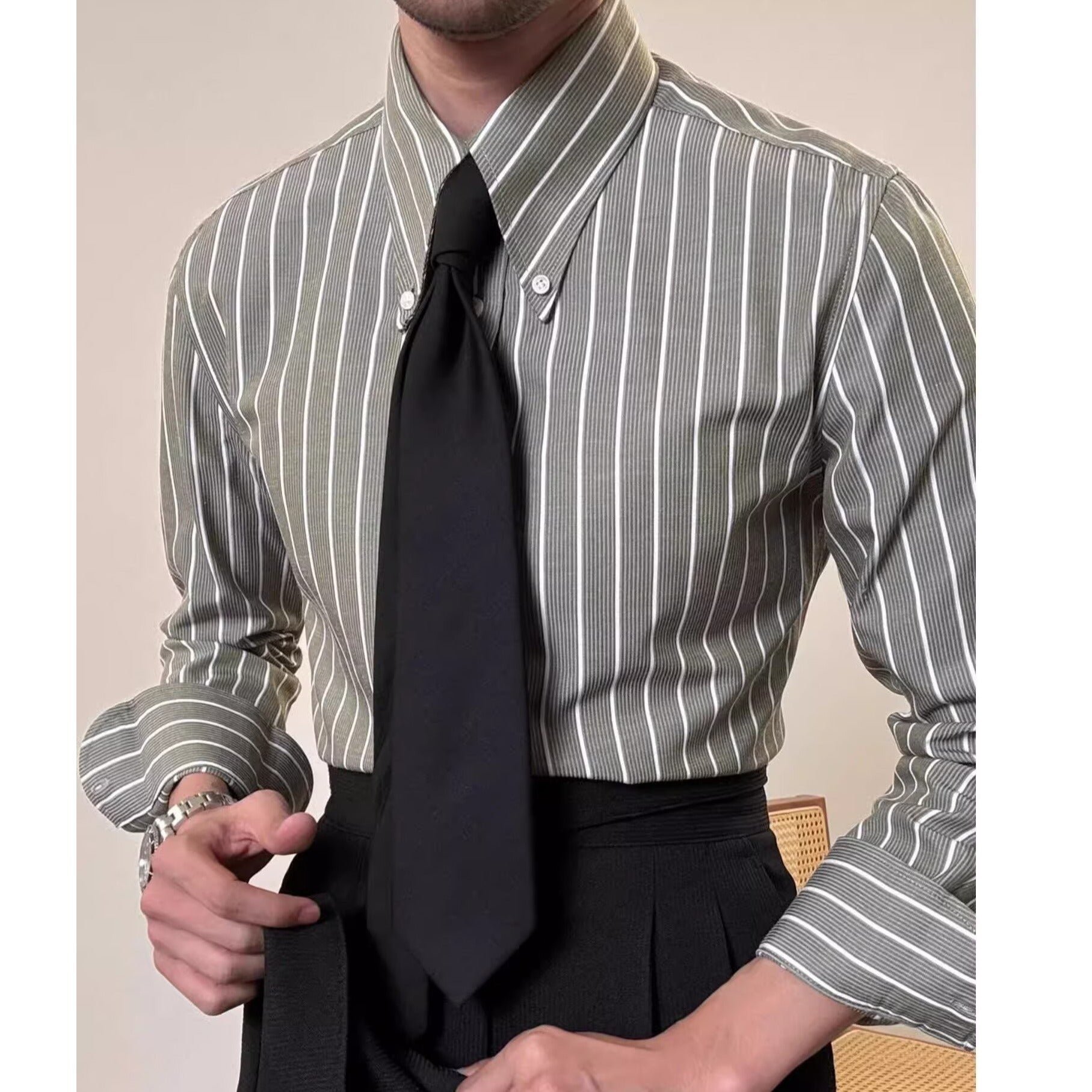 Mens Retro Casual White Striped Long-Sleeve Shirt