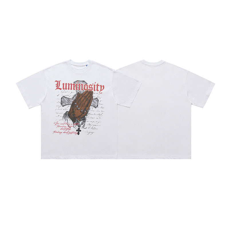 Vintage Cross Letter Printed Loose Short Sleeve T-shirt Men
