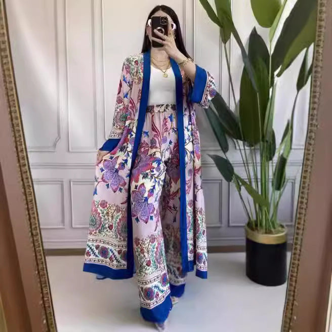 Casual Printed Design Long Shirt Wide Leg Pants Suit null