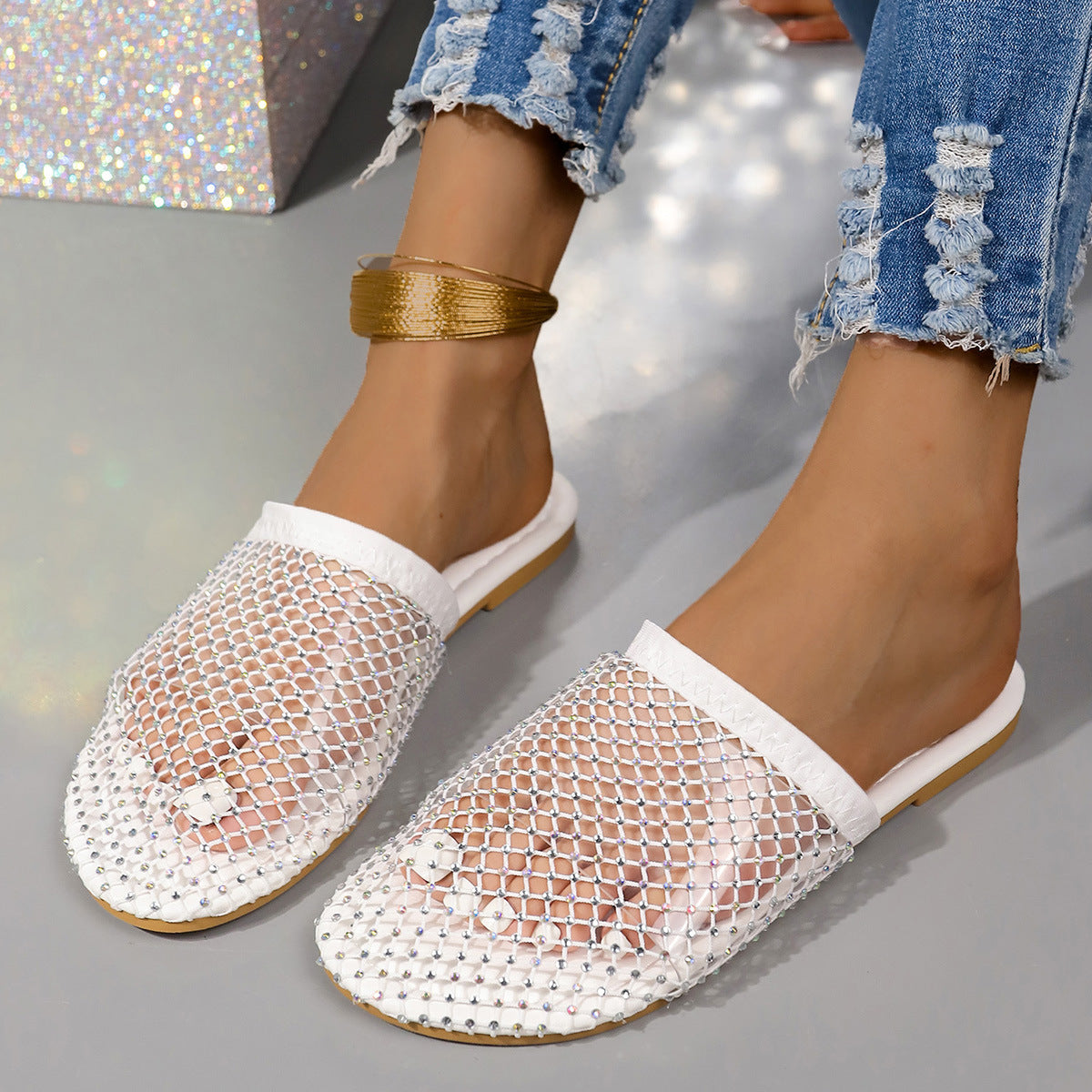 Hollow-toe Transparent Hollow Sandals With Rhinestones Summer Fashion Outdoor Slippers Flat Shoes For Women null