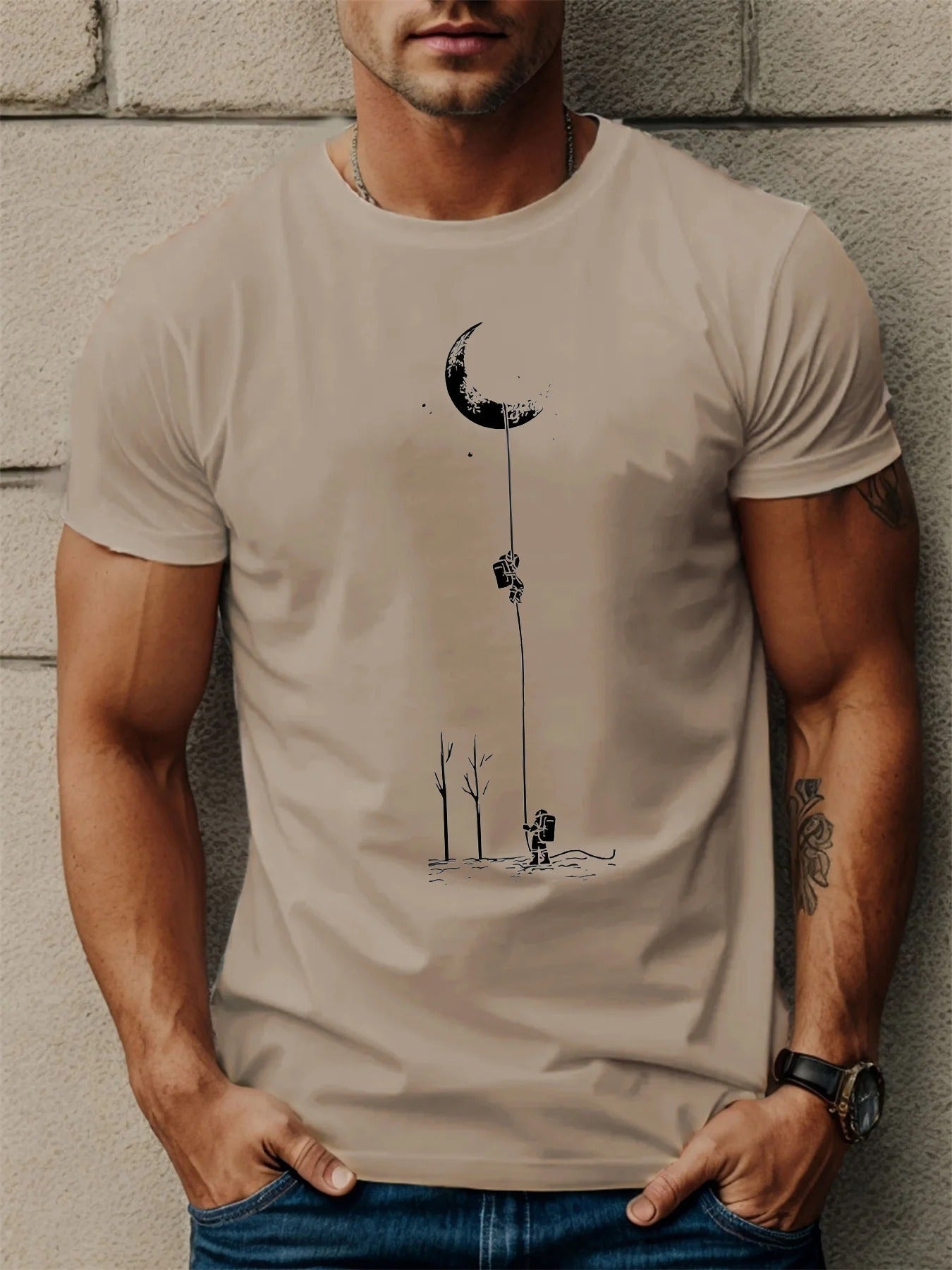 Astronaut Moon Moon Print Polyester T-shirt