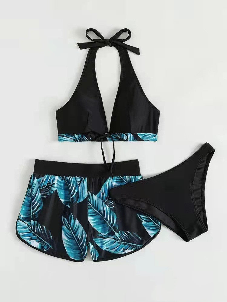 3pcs Leaf Print Bikini With Shorts Fashion Summer Beach Swimsuit Womens Clothing.