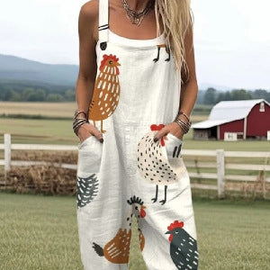 Women's Summer Digital Printing Button Casual Suspender Trousers