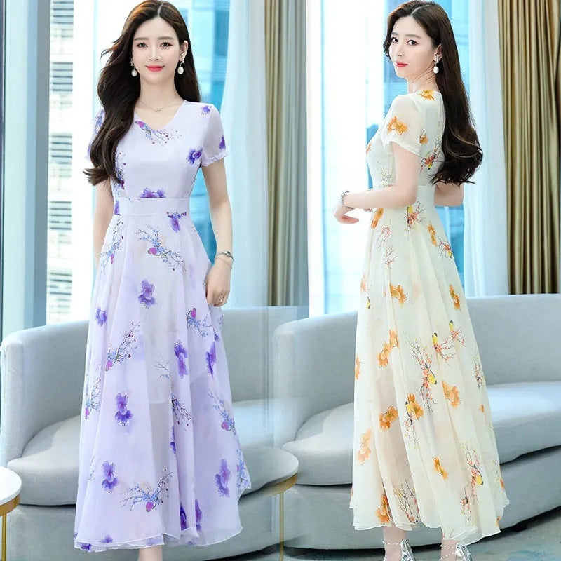 Short Sleeve V-neck Mid-length Dress Women's Waist Slimming Temperament Floral Skirt A-line Skirt Fashion null