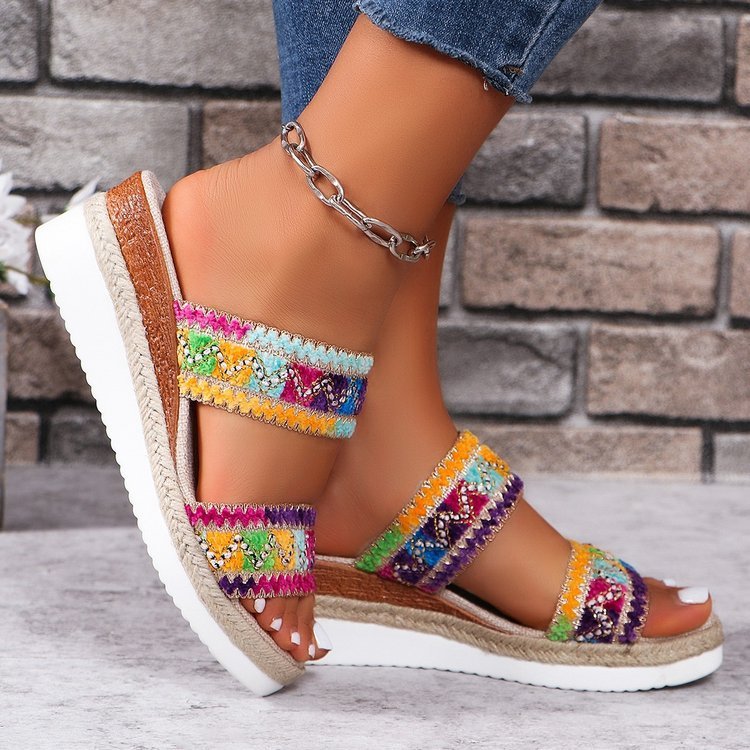 Fashion Wavy Pattern Woven Sandals Summer Casual Ethnic Style Slippers Linen Bottom Wide Strap Wedges Shoes For Women null