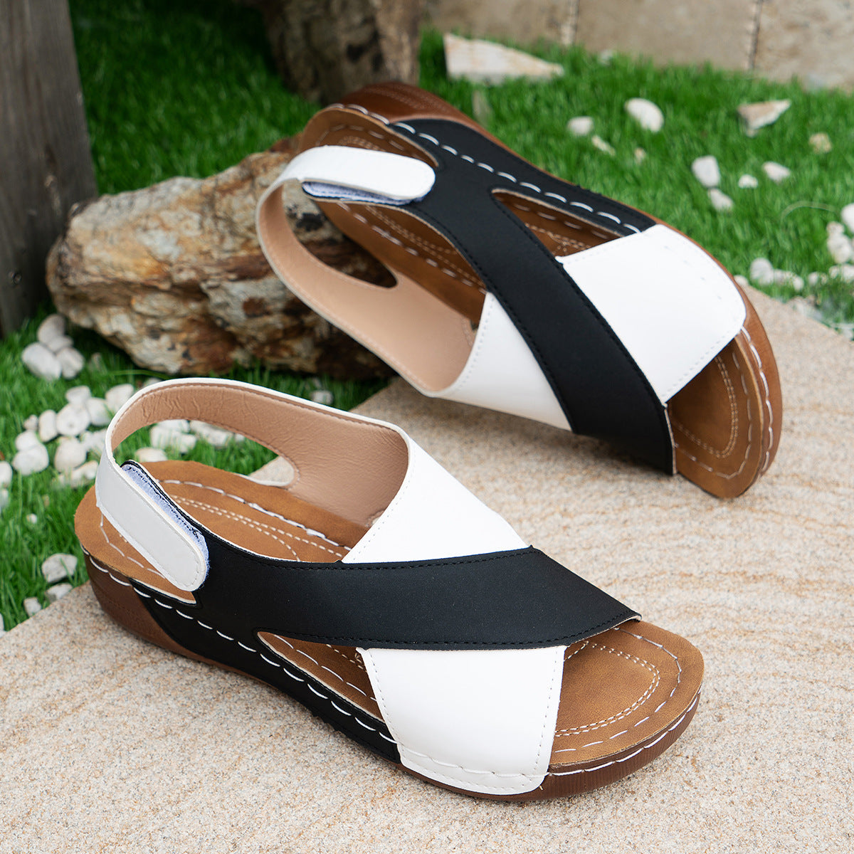 Summer Wedges Sandals With Colorblock Cross-strap Design Casual Thick-soled Roman Shoes For Women null