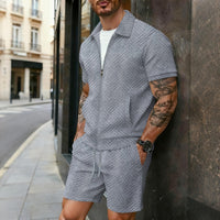 Jacquard Zip-up Cardigan Short-sleeve Jacket And Shorts Set