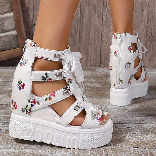 Women's Floral Vintage Sandals, Back Zipper Platform Hollow Lace Up Shoes, Summer Breathable Wedge Holiday Shoes Dropshipman