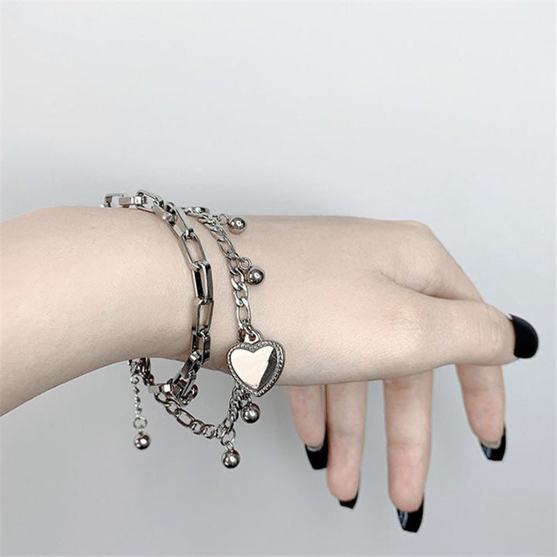 Double Layer Stainless Steel Love Punk Style Silver Color Party Ornament Hand Decoration Bracelet for Women