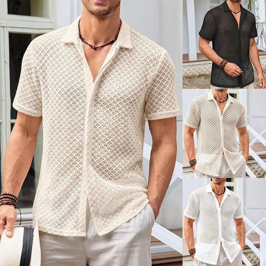 Fashion Solid Color Polo Collar Short Sleeve Mesh Shirt Tops Men Clothing null