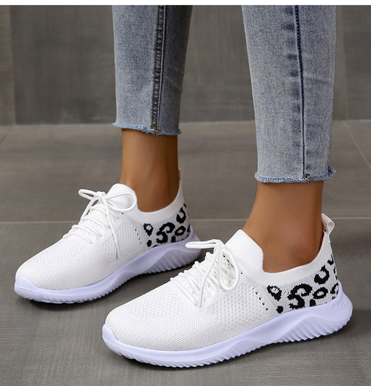 White Shoes Women Leopard Print Lace-up Sneakers Sports null