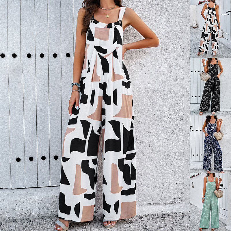 Fashion Print Square Neck Jumpsuit With Pockets Spring Summer Casual Loose Overalls Womens Clothing null