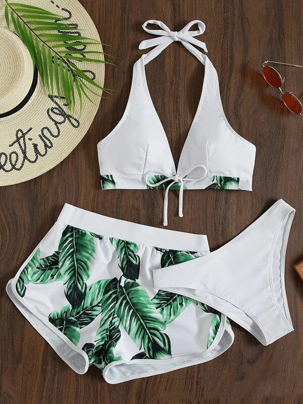 3pcs Leaf Print Bikini With Shorts Fashion Summer Beach Swimsuit Womens Clothing.