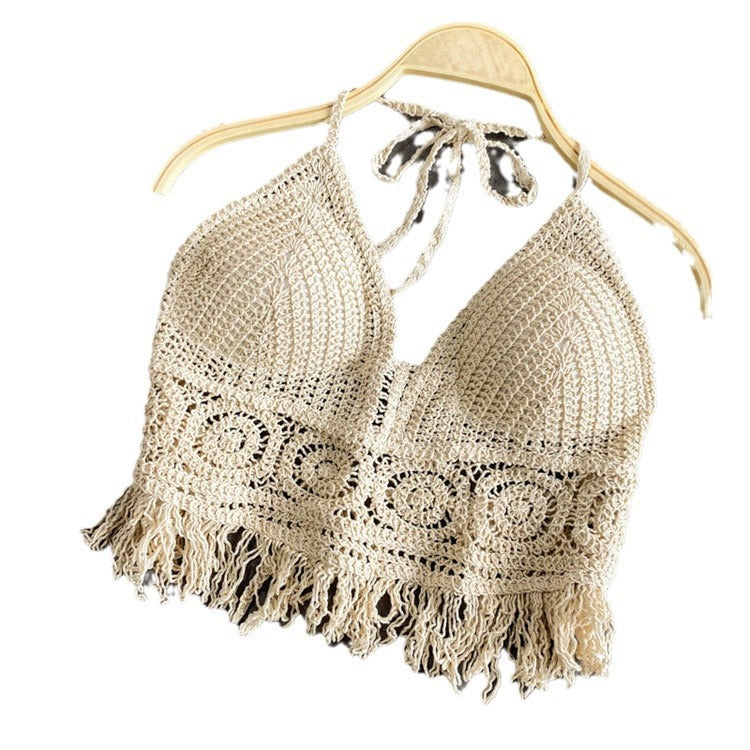 Womens Solid-Color Hollowed-Out Halter Vest With Built-in Padded Cups