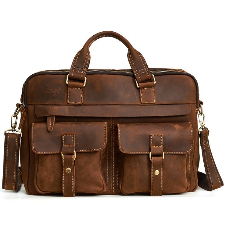 Genuine men''s bags retro men''s business bags briefcase cowhide oblique Bag 15.6 inch Laptop Bag null