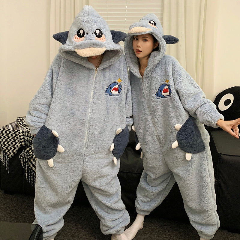 Cute Cartoon Jumpsuit Homewear Couple One-piece Nightgown Coral Fleece Winter Thickened Plush Pajamas For Women Home Clothes null