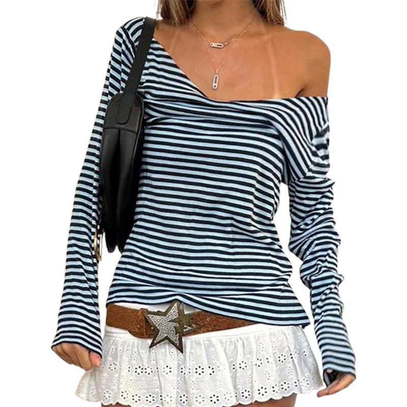 Womens Casual Long-sleeve Top With Striped Print And A Classic Collar
