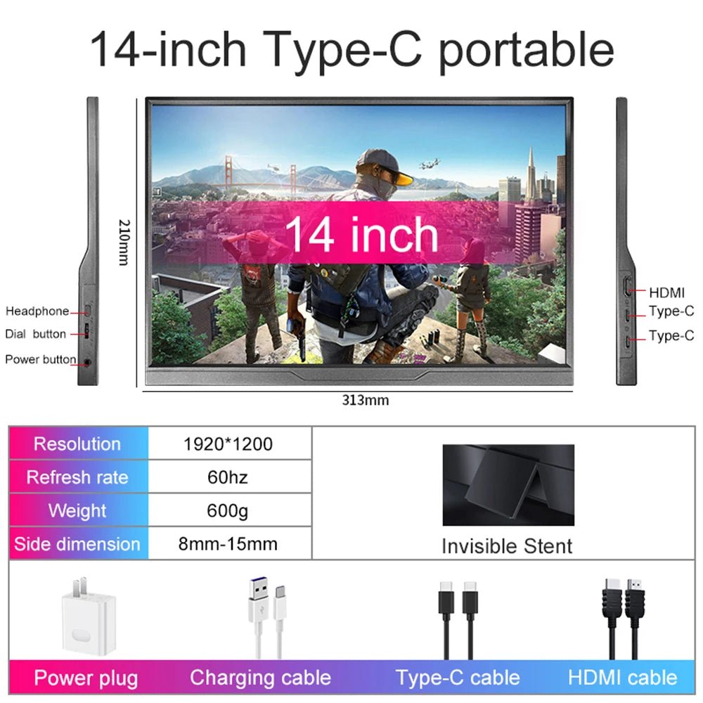 14inch Portable Monitor Touch Ultra - thin 1200P IPS USB - C HDMI External Second Screen for Laptop PC Cell Phone Switch PS4/5 Xbox Without Touch 14inch Portable Monitor Touch Ultra - thin 1200P IPS USB - C HDMI External Second Screen for Laptop PC Cell Phone Switch PS4/5 Xbox - shop_name