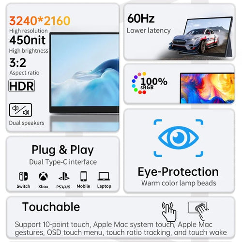 15 inch 4K Touch Portable Monitor 60Hz 3:2 Aspect Ratio 100%sRGB Low Blue Light Eye - Protect Extension Screen with Back Bracket 2.5K with stylus 15 inch 4K Touch Portable Monitor 60Hz 3:2 Aspect Ratio 100%sRGB Low Blue Light Eye - Protect Extension Screen with Back Bracket - shop_name